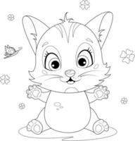 Coloring page. Cute and funny cartoon kitten with a butterfly vector