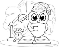 Coloring page. Owl in a sleep cap, with a cup, a book and a table lamp vector