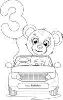 Coloring page. Cute little bear rides in a car with a balloon vector