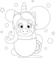 Beautiful coloring page. A cute and cheerful unicorn sits in a cup vector