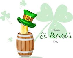 Postcard Happy St. Patrick's Day. Beer barrel with beer mug and leprechaun hat vector