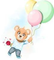 lindo oso sosteniendo una rosa y volando con globos en el cielo vector