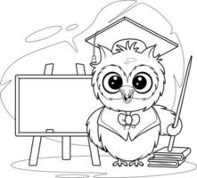 Coloring page. Smart owl with school board, pointer and books vector