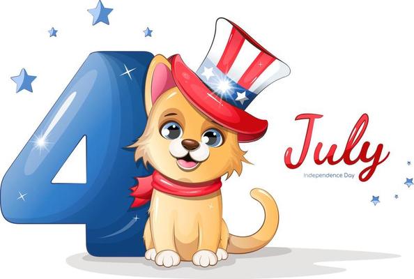 Postcard with a puppy in a hat. 4th of July. Independence Day