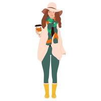 mujer joven con sombrero y botas de goma con café. aislado en el fondo blanco. ilustración vectorial mirada de otoño vector