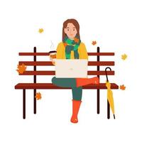 Young woman sitting on the bench with coffee and laptop. Autumn park. Freelancer or online education concept. Vector illustration isolated on the white background