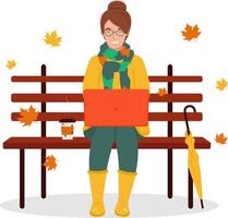 Young happy woman sitting on the bench in the autumn park with coffee and a laptop, and an umbrella. Freelancer concept. Vector illustration