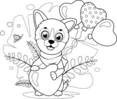 Coloring page. Cute puppy with a butterfly, hearts and balloons vector