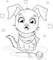 Coloring page. A cute and cheerful cartoon puppy sits near a rose and hearts vector