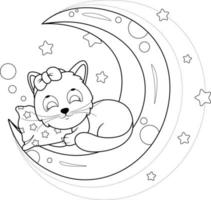 Coloring page. Cute kitty sleeps with a pillow on the moon vector