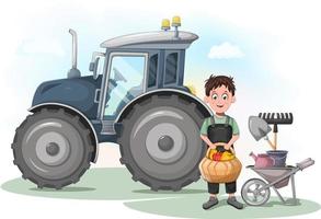 Farmer with vegetable basket, tractor, wheelbarrow and farm tools vector