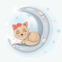 lindo gatito duerme con una almohada en la luna vector