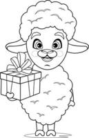 Coloring page. Cheerful, cute and cartoon sheep holding a gift vector