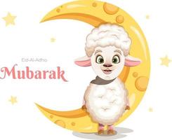 Postcard Eid-Al-Adha Mubarak with cheerful cartoon sheep and moon vector