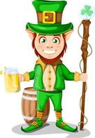 Cheerful and happy leprechaun with a mug of beer and a cane with a clover in his hands, behind a barrel vector