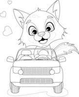 Coloring page. Cheerful and cute little fox rides in a car vector