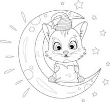 Coloring page. Cartoon cute kitten sitting on the moon. Time to sleep vector