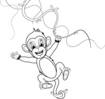 página para colorear mono alegre colgando de una vid y sosteniendo un plátano vector