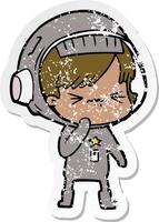 distressed sticker of a cartoon astronaut woman vector