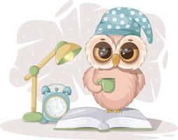 Smart owl in a sleep cap, with a cup, a book and a table lamp vector