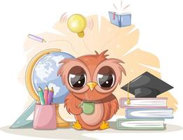 Cartoon sleepy owl with a cup and study supplies vector