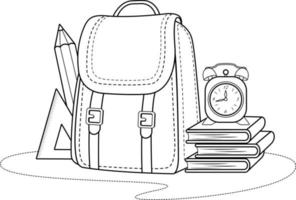 Coloring page. School accessories composition poster vector