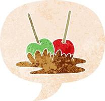 cartoon toffee apples and speech bubble in retro textured style vector