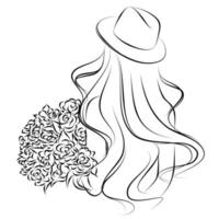 dibujo garabato una chica en un sombrero con un ramo de flores está de pie con la espalda vector