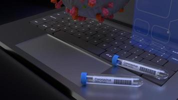 corona virus and  science tube on notebook 3d rendering for medical content. photo