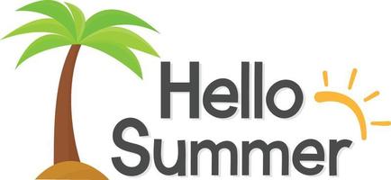 Hello summer Handwritten calligraphy with coconut tree and sun. vector