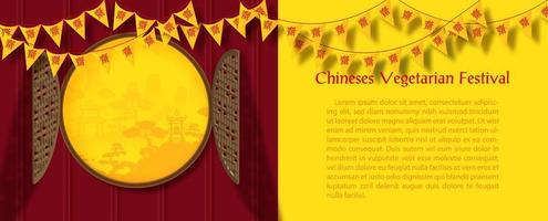 Chinese vegetarian festival triangle flag on 3d ancient window doors with landscape view example texts and yellow background. Chinese letters is meaning Fasting for worship Buddha in English. vector