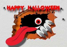 Scary ghost tongue out in crack and broken wall with black spiders and HAPPY HALLOWEEN wording on paper pattern background. vector