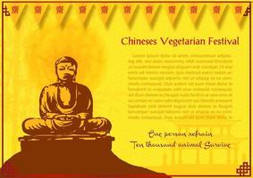 Chinese vegetarian festival card and poster advertising in vector design. Red Chinese letters read is J and meaning is Preserving purity both body and mind for worship Buddha in English.