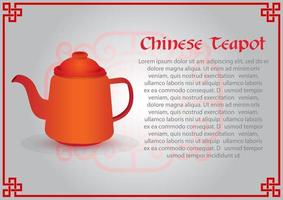 color rojo ladrillo y tetera china vintage con textos de ejemplo sobre el patrón de decoración chino y fondo degradado blanco. vector