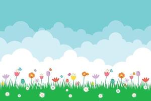 spring grass flowers and butterfly isolated on blue background. vector