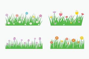 hierba de primavera y flores aisladas sobre fondo blanco. vector