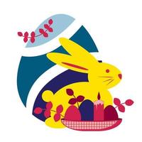Felices Pascuas. ícono con la imagen de un conejito y una canasta de huevos y velas. vector