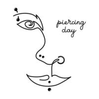 International body piercing day. Pierced ear cartilage. Body jewelry. Line art vector illustration.