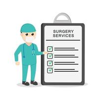 surgeon with surgery services clipboard design character on white background vector