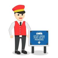 male valet standing beside sign design character on white background vector