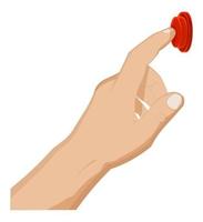 hand gesture, man presses the button with his index finger. Doorbell rings, starts or stops an important action. Cartoon vector on white background