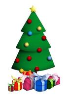 2021, Christmas tree decorated with multicolored glass balls. Christmas and New Year. Gift boxes under tree. Meeting holiday in good mood. Vector in cartoon style