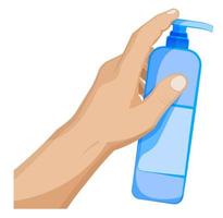 man holds a bottle of liquid soap in his hand, presses dispenser with his index finger. Fighting infection, hygiene. Cartoon vector on white background