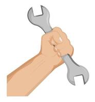 Mans hand clenches huge wrench in fist. Hard work, working professions. Labor Day. Isolated vector on white background