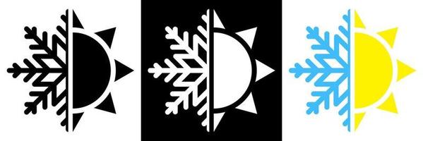 Sun and snowflake. Hot summer and cold winter temperature icon. Snowflake and sun split in half. Isolated vector