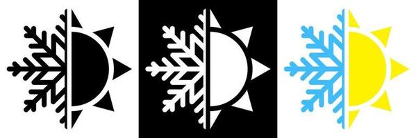 Sun and snowflake. Hot summer and cold winter temperature icon. Snowflake and sun split in half. Isolated vector