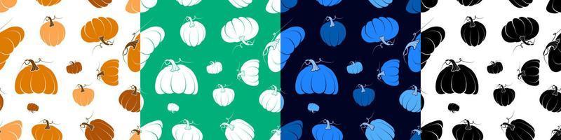 Set of seamless patterns with pumpkin fruit. Autumn harvest. Autumn Halloween pumpkins. Edible plants. Color vector in minimal style for textiles