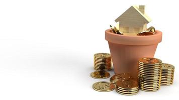 home wood toy and gold coins in plant 3d rendering for property content. photo