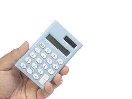 Blue calculator on hand white back ground  isolated image. photo