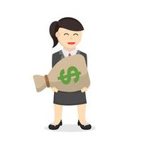 secretaria de mujer de negocios que lleva un gran saco de carácter de diseño de dinero sobre fondo blanco vector